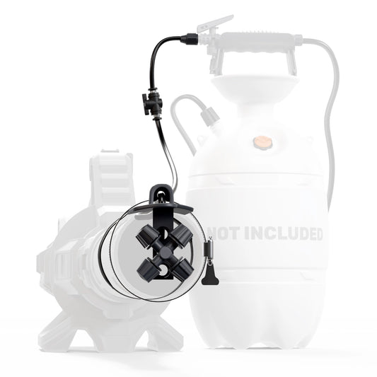 MIST-PRO Universal Adapter Kit attached to a clear tank sprayer on a white background