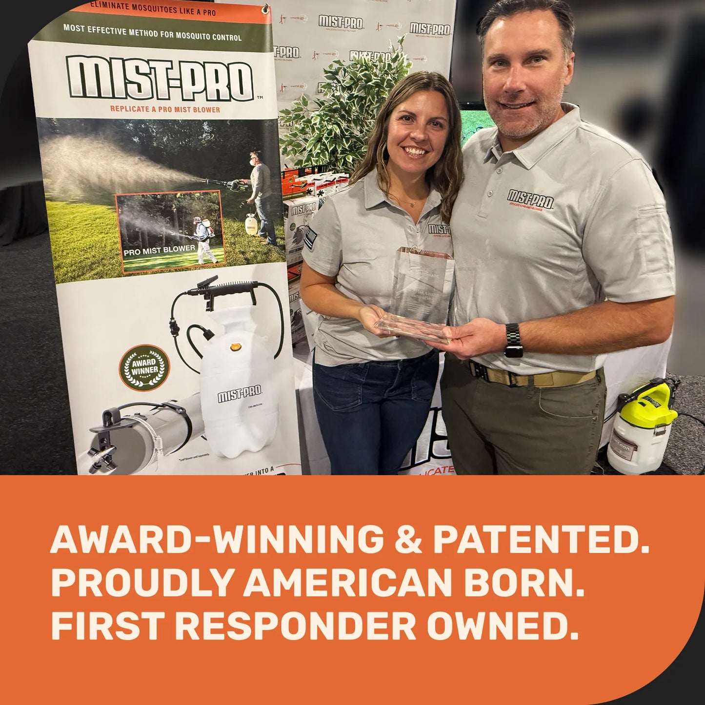 Two people holding a product with promotional text about 'MIST-PRO' on an orange background.